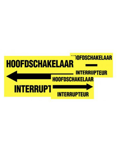 Hoofdschakelaar en interrupteur pijl links sticker/bord, geel zwart