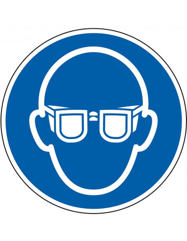 Oogbescherming verplicht sticker, 500 per rol, 50 mm, M004, blauw wit, pictogram oogbescherming en bril, rond