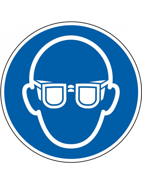 Oogbescherming verplicht sticker, 500 per rol, 50 mm, M004, blauw wit, pictogram oogbescherming en bril, rond
