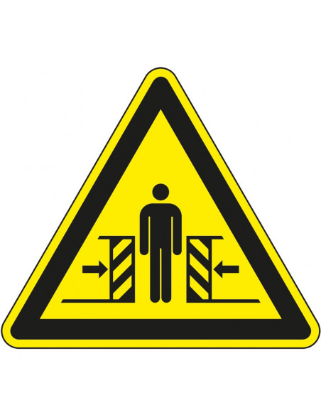 Waarschuwingssticker klemgevaar, W019, geel zwart, ISO 7010, beknelling tussen machine, driehoek