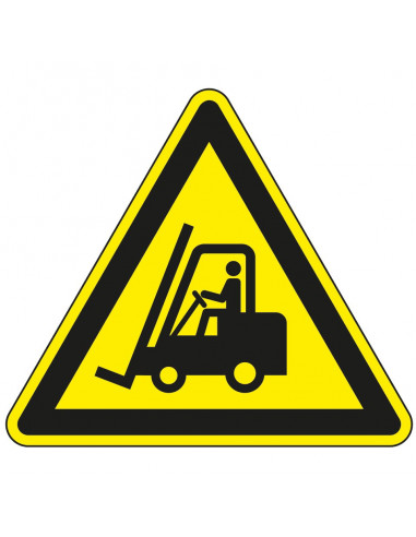 Sticker pas op heftrucks, W014, geel zwart, ISO 7010, pictogram heftruck, driehoek