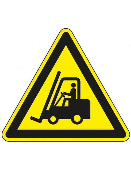 Sticker pas op heftrucks, W014, geel zwart, ISO 7010, pictogram heftruck, driehoek