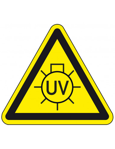 Waarschuwingsticker UV licht, geel zwart, uv licht lamp symbool, driehoek