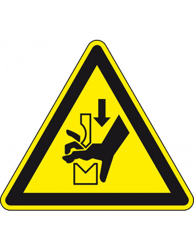 Waarschuwingssticker knelling, W030, geel zwart, ISO 7010, hand tussen pers, driehoek