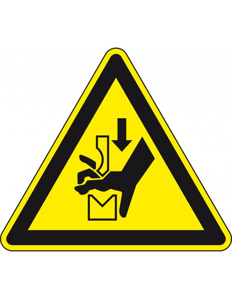 Waarschuwingssticker knelling, W030, geel zwart, ISO 7010, hand tussen pers, driehoek