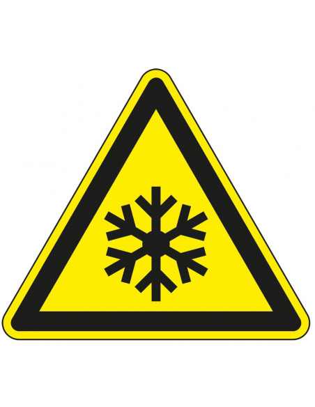 Waarschuwingsbord vorst, W010, geel zwart, ISO 7010, sneeuw symbool, driehoek