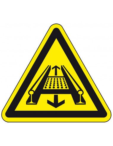 Waarschuwingssticker machine op rails, geel zwart, op rail bewegende delen symbool, driehoek