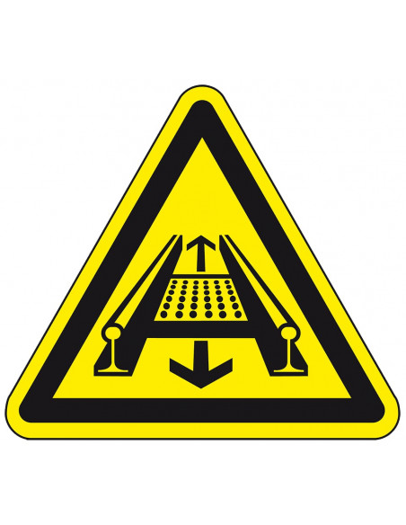 Waarschuwingssticker machine op rails, geel zwart, op rail bewegende delen symbool, driehoek