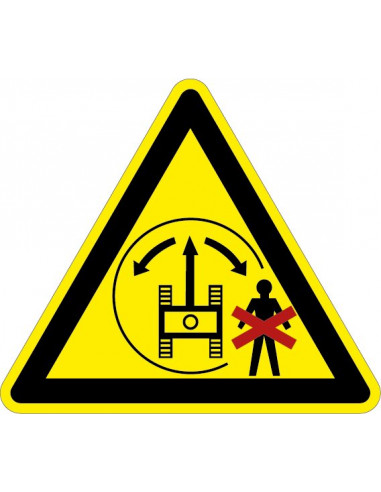 Waarschuwingssticker draaicirkel machine, geel zwart, draaicirkel symbool, driehoek