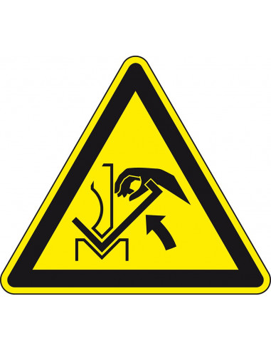 Waarschuwingssticker hand werkstuk, W031, geel zwart, ISO 7010, hand tussen werkstuk symbool, driehoek