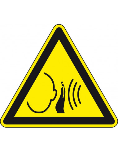 Waarschuwingssticker hard geluid, W038, geel zwart, ISO 7010, hard geluid symbool, driehoek