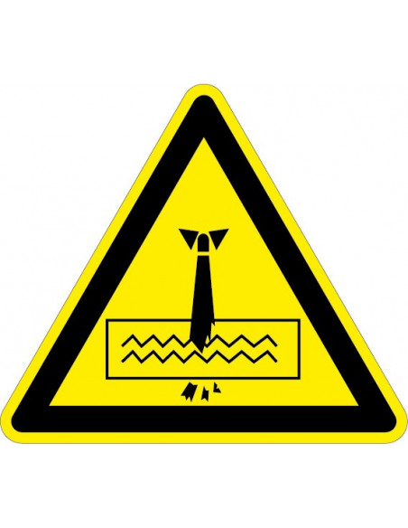 Waarschuwingssticker pas op versnipperaar, geel zwart, voor papier, driehoek, stropdas