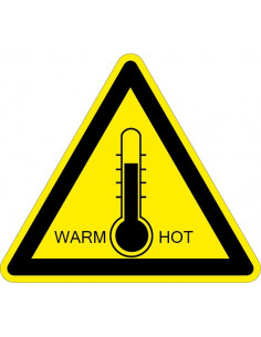 Waarschuwingssticker hoge temperaturen warm/hot, thermometer, driehoek, geel zwart
