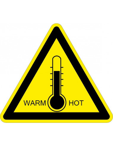 Waarschuwingssticker hoge temperaturen warm/hot, thermometer, driehoek, geel zwart
