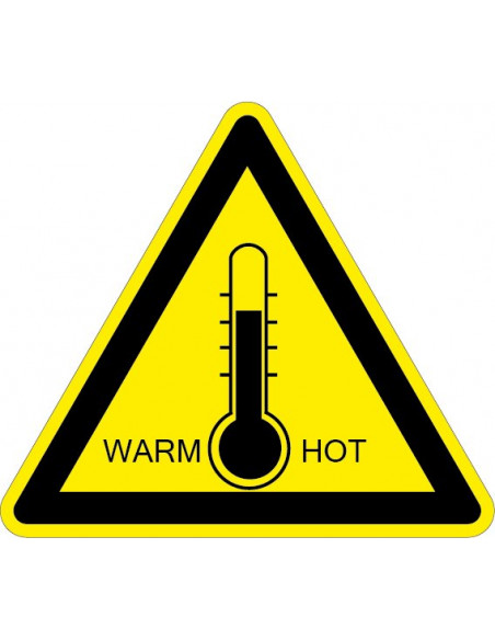 Waarschuwingssticker hoge temperaturen warm/hot, thermometer, driehoek, geel zwart