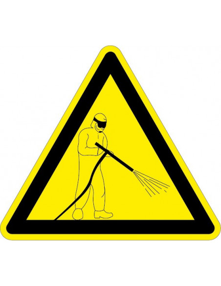 Waarschuwingssticker hogedrukspuit, geel zwart, hogedrukspuit symbool, driehoek