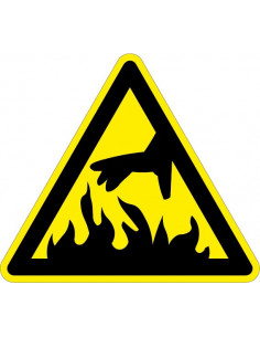 Waarschuwingssticker vuur, geel zwart, vuur symbool, driehoek