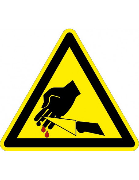 Snijgevaar met mes sticker, geel zwart, mes symbool, driehoek