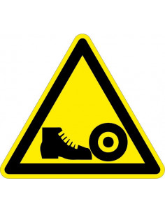 Waarschuwingssticker gevaar voeten, driehoek, geel zwart, voet en gevaarlijke element
