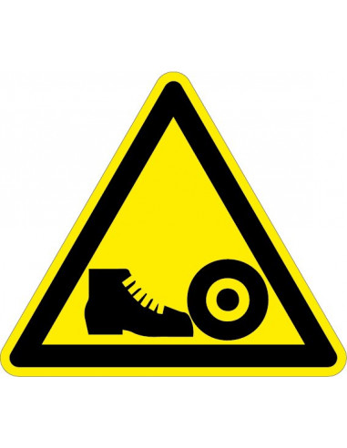 Waarschuwingssticker gevaar voeten, driehoek, geel zwart, voet en gevaarlijke element