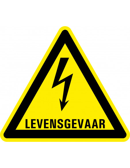 Waarschuwingssticker levensgevaar, geel zwart, levensgevaar tekst met bliksem symbool, driehoek