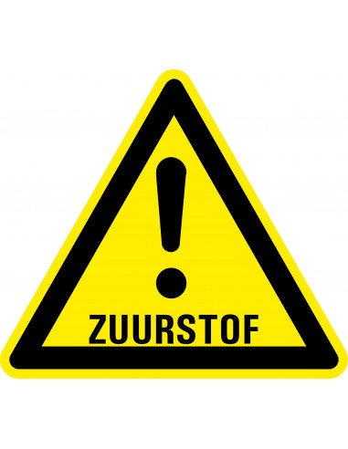 Waarschuwingssticker zuurstof, geel zwart, zuurstof symbool met uitroepteken, driehoek
