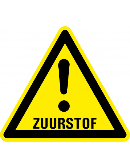 Waarschuwingssticker zuurstof, geel zwart, zuurstof symbool met uitroepteken, driehoek