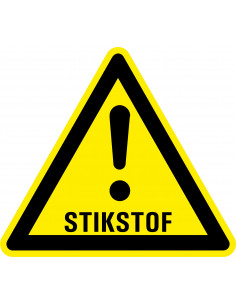 Gevaar voor stikstof sticker, geel zwart, tekst stikstof met uitroepteken, driehoek