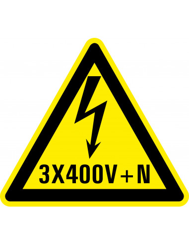 Waarschuwingssticker elektrische spanning 3x400v+N, geel zwart, tekst 3x400v+N met bliksem symbool, driehoek