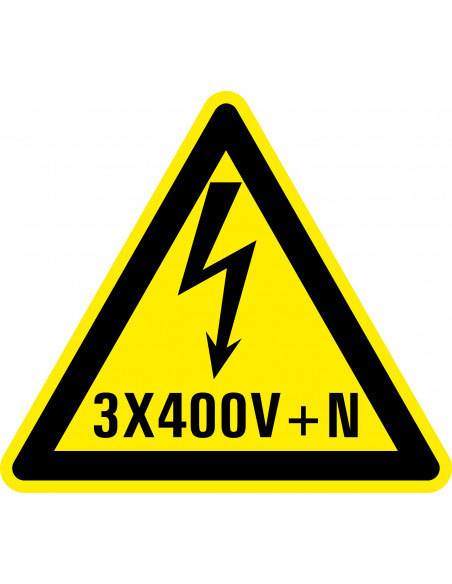 Waarschuwingssticker elektrische spanning 3x400v+N, geel zwart, tekst 3x400v+N met bliksem symbool, driehoek