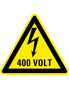 Waarschuwingssticker elektrische spanning 400 volt, geel zwart, tekst 400 volt met bliksem symbool, driehoek