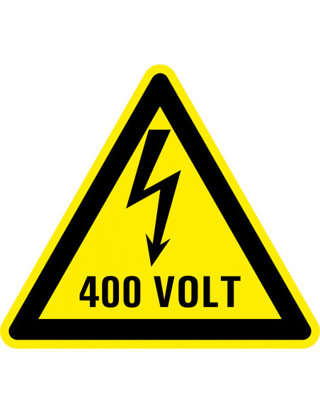 Waarschuwingssticker elektrische spanning 400 volt, geel zwart, tekst 400 volt met bliksem symbool, driehoek