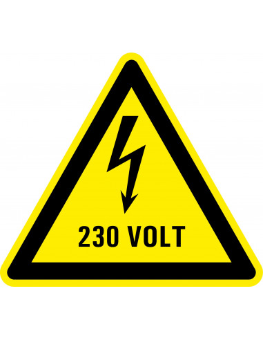Waarschuwingssticker elektrische spanning 230 volt, geel zwart, tekst 230 volt met bliksem symbool, driehoek