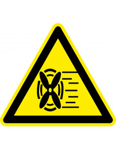 Waarschuwingssticker pas op ventilator, geel zwart, driehoek, ventilator