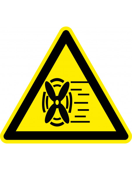 Waarschuwingssticker pas op ventilator, geel zwart, driehoek, ventilator