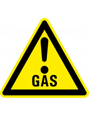 Waarschuwingssticker gas met uitroepteken, geel zwart, tekst gas met uitroepteken, driehoek