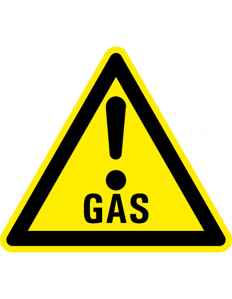Waarschuwingssticker gas met uitroepteken, geel zwart, tekst gas met uitroepteken, driehoek