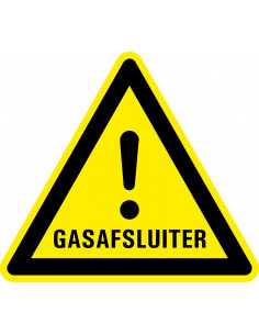 Waarschuwingssticker gasafsluiter, geel zwart, tekst gasafsluiter met uitroepteken, driehoek