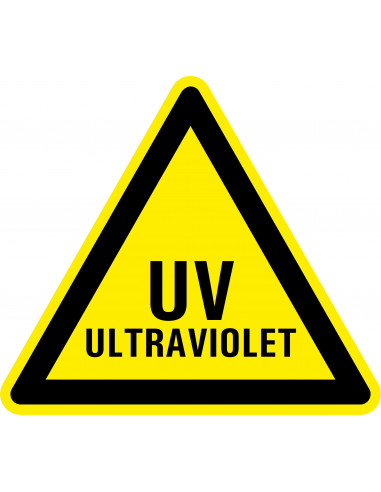 Waarschuwingssticker UV ultraviolet, geel zwart, tekst uv ultraviolet, driehoek