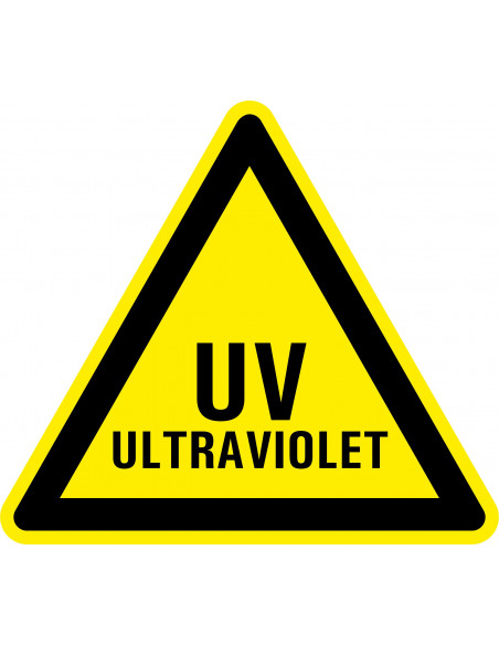 Waarschuwingssticker UV ultraviolet, geel zwart, tekst uv ultraviolet, driehoek