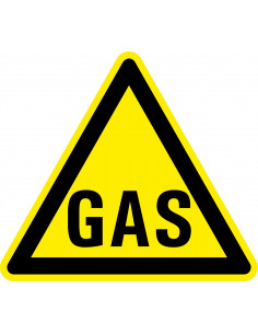 Waarschuwingssticker gas, geel zwart, tekst gas, driehoek