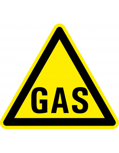 Waarschuwingssticker gas, geel zwart, tekst gas, driehoek