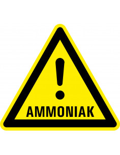 Waarschuwingssticker ammoniak, geel zwart, stoom ammoniak symbool met uitroepteken, driehoek