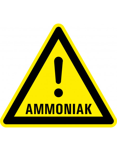Waarschuwingssticker ammoniak, geel zwart, stoom ammoniak symbool met uitroepteken, driehoek