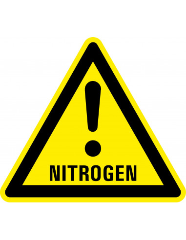 Waarschuwingssticker nitrogen, geel zwart, nitrogen symbool met uitroepteken, driehoek