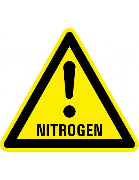 Waarschuwingssticker nitrogen, geel zwart, nitrogen symbool met uitroepteken, driehoek