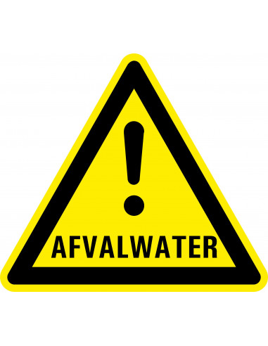 Waarschuwingssticker afvalwater, uitroepteken, symbool, geel zwart, driehoek