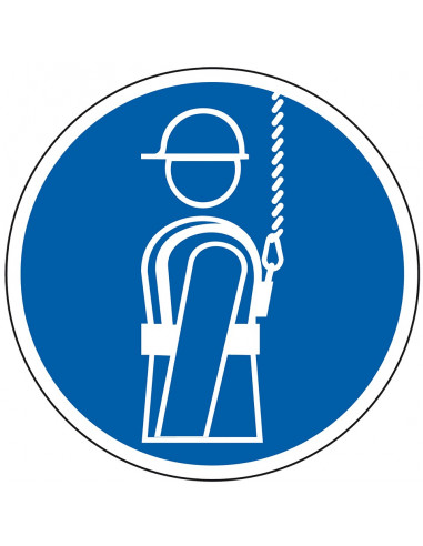 Valbescherming verplicht bord, kunststof, blauw wit, rond, persoon met valbescherming pictogram