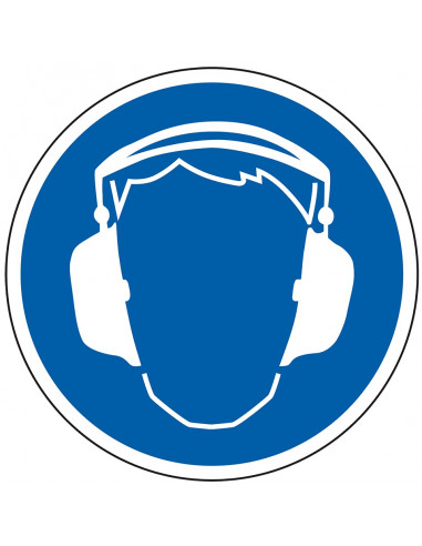 Oorkap verplicht sticker, blauw wit, pictogram gehoorbescherming, rond