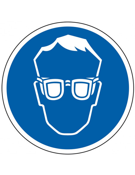 Veiligheidsbril verplicht bord, kunststof, blauw wit, pictogram veiligheidsbril, rond